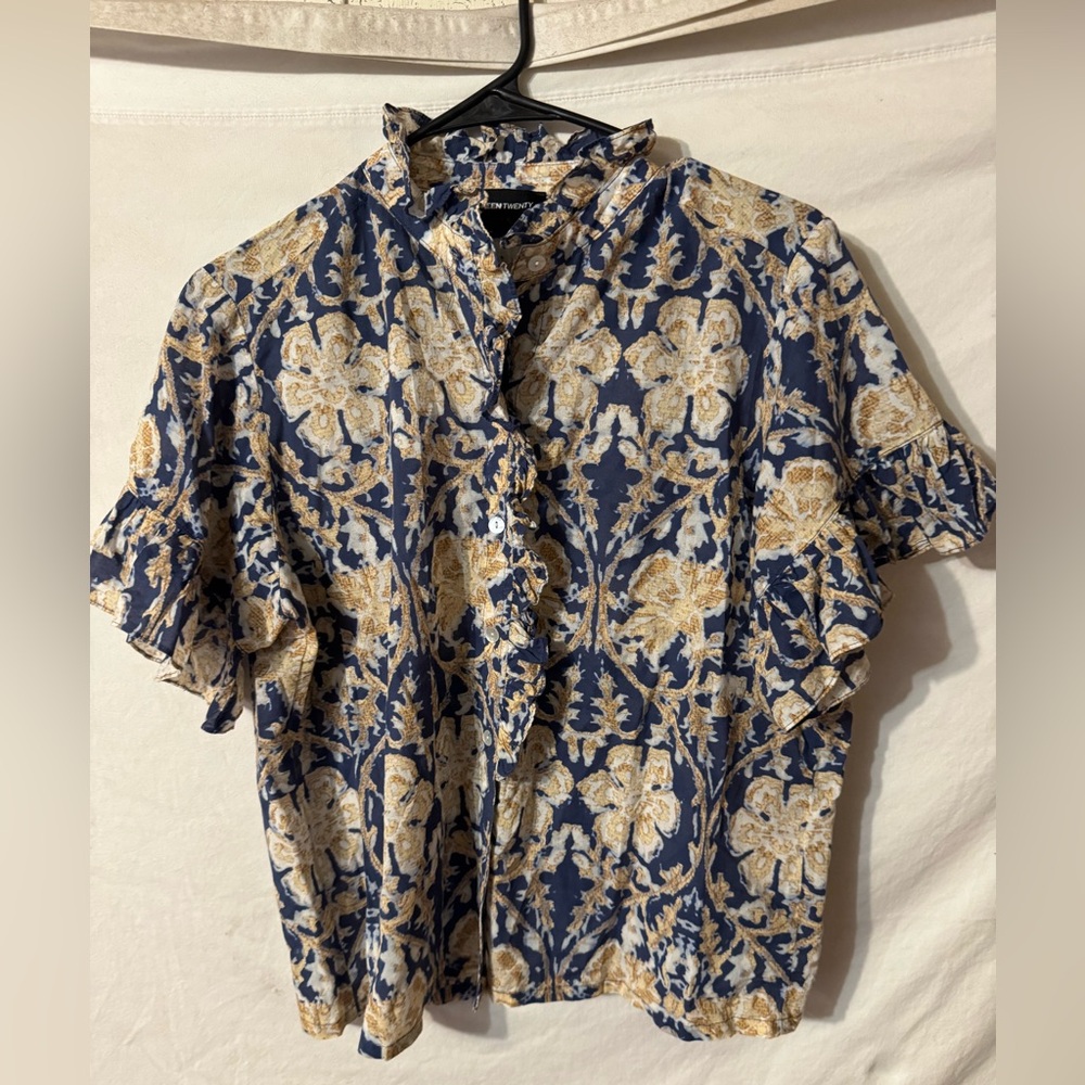 Floral Button-Up Shirt in Blue and Gold